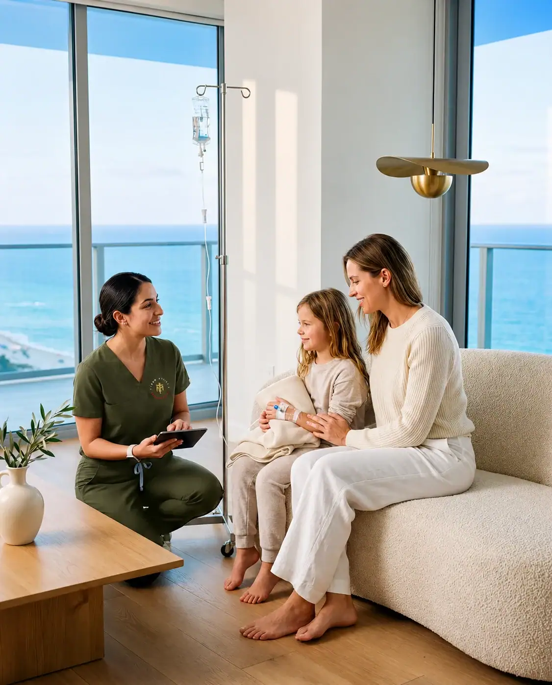 A TrufaMED clinician meeting with a family in an oceanfront Fisher Island residence