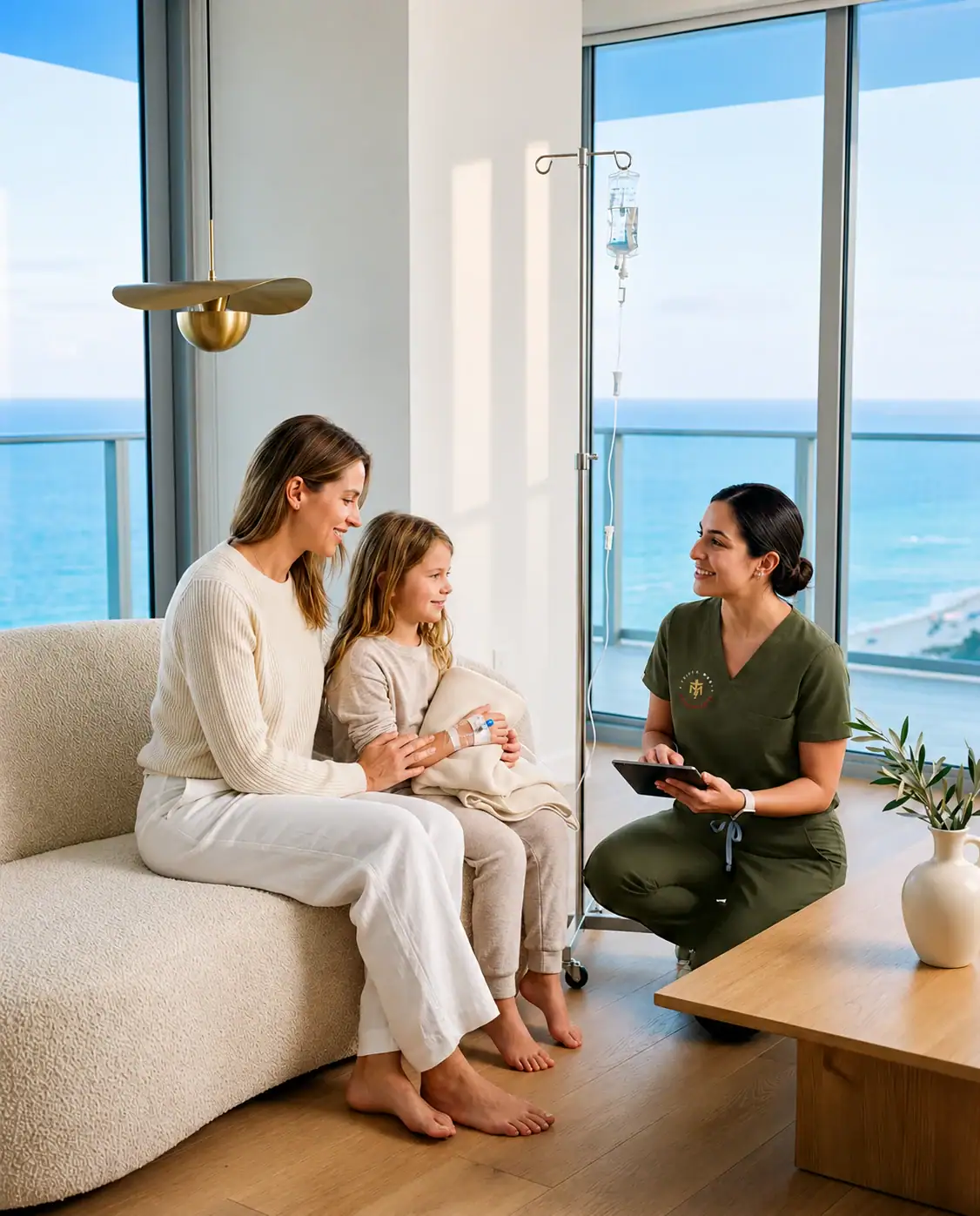 A TrufaMED concierge nurse on a house call, delivering IV therapy to a mother and child at home with an ocean view