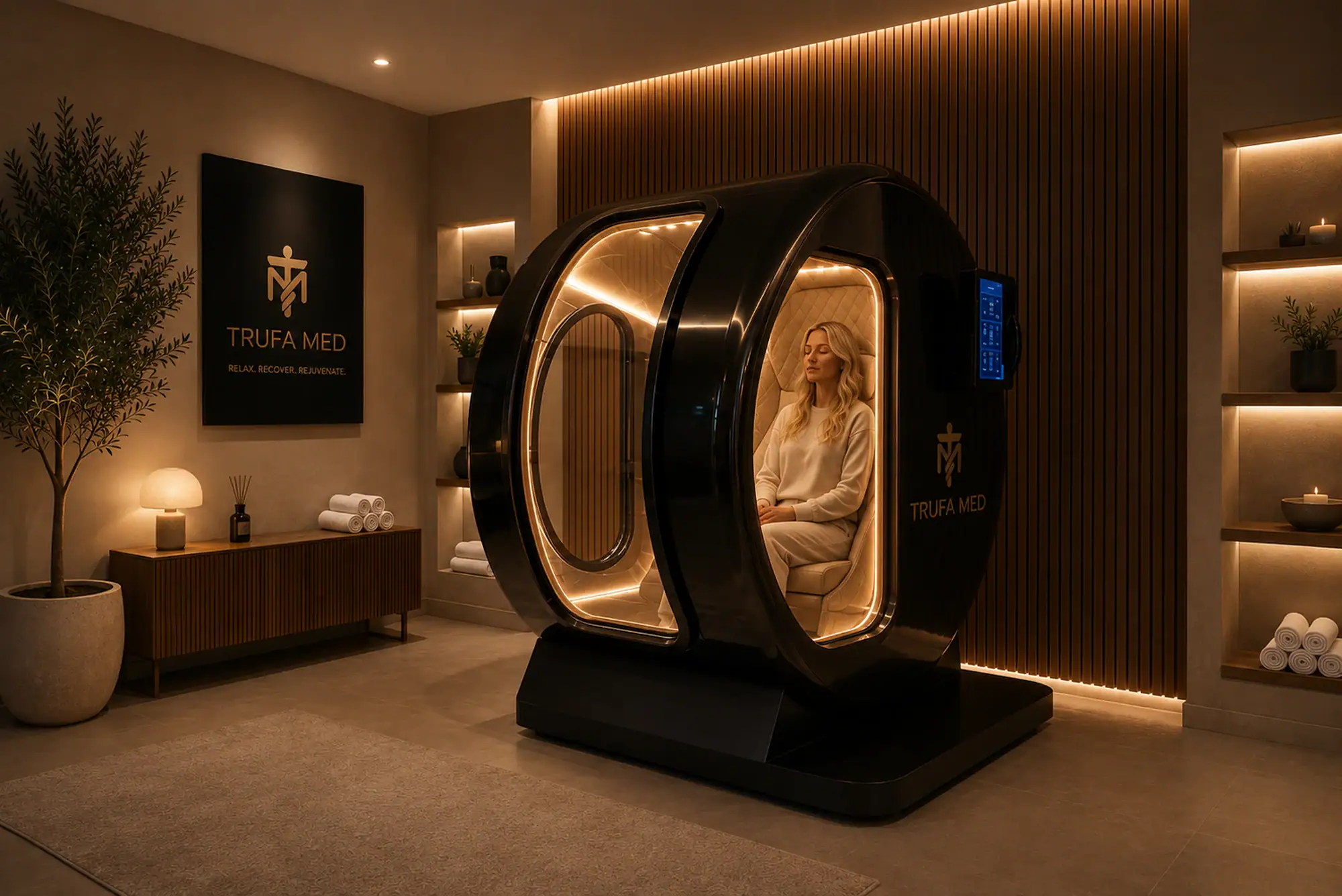A patient receiving hyperbaric oxygen therapy in a TrufaMED hyperbaric oxygen chamber in Surfside, Miami