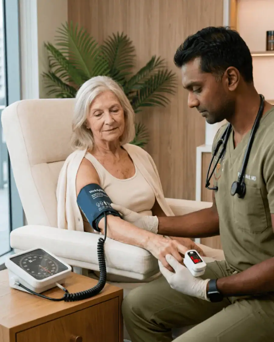 A board-certified physician performing a full clinical assessment with portable diagnostics during a Miami house call