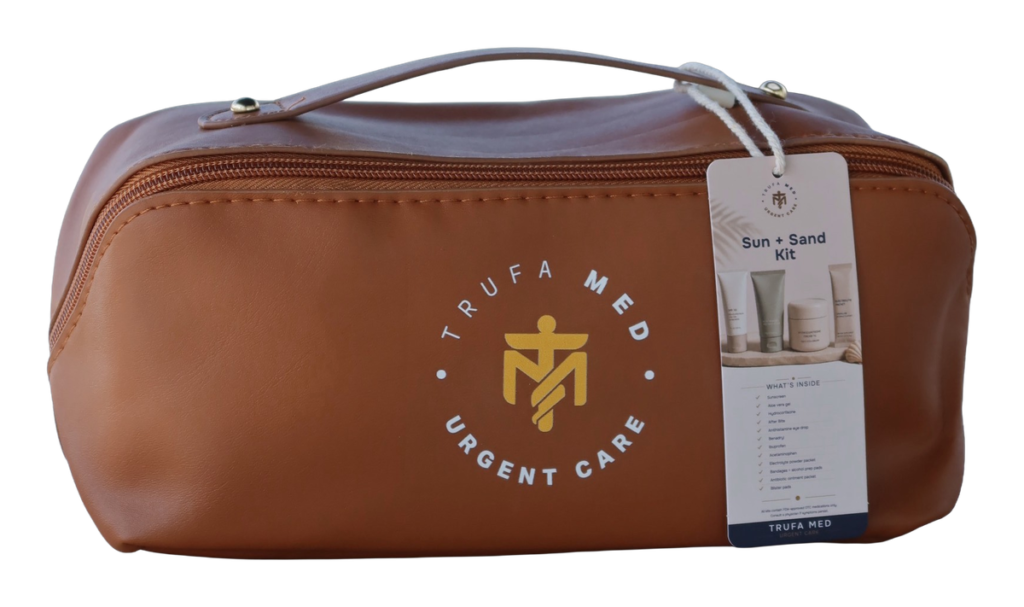 Tan TrufaMED kit bag with top handle and contents card