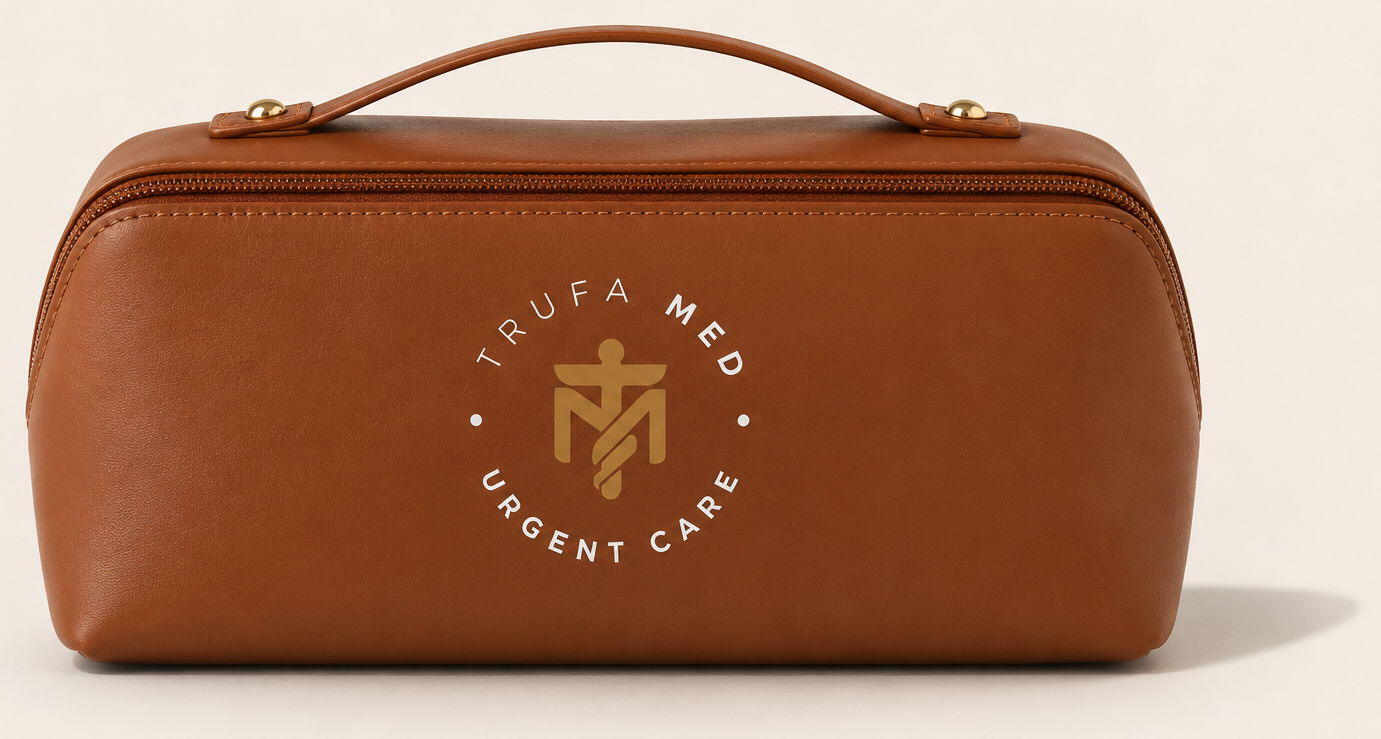 Tan TrufaMED kit case with top handle and gold monogram