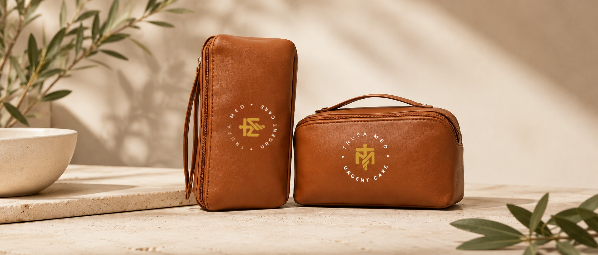Two TrufaMED medical kit bags on a soft beige background, one standing and one open
