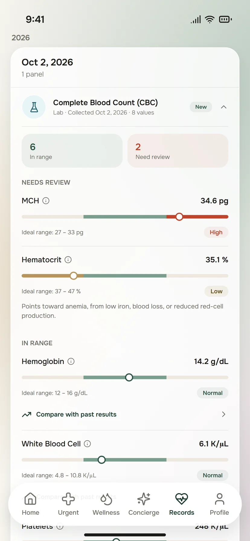 The Records screen of the TrufaMED app, showing lab results grouped by body system, with the number of values in range and the number that need review